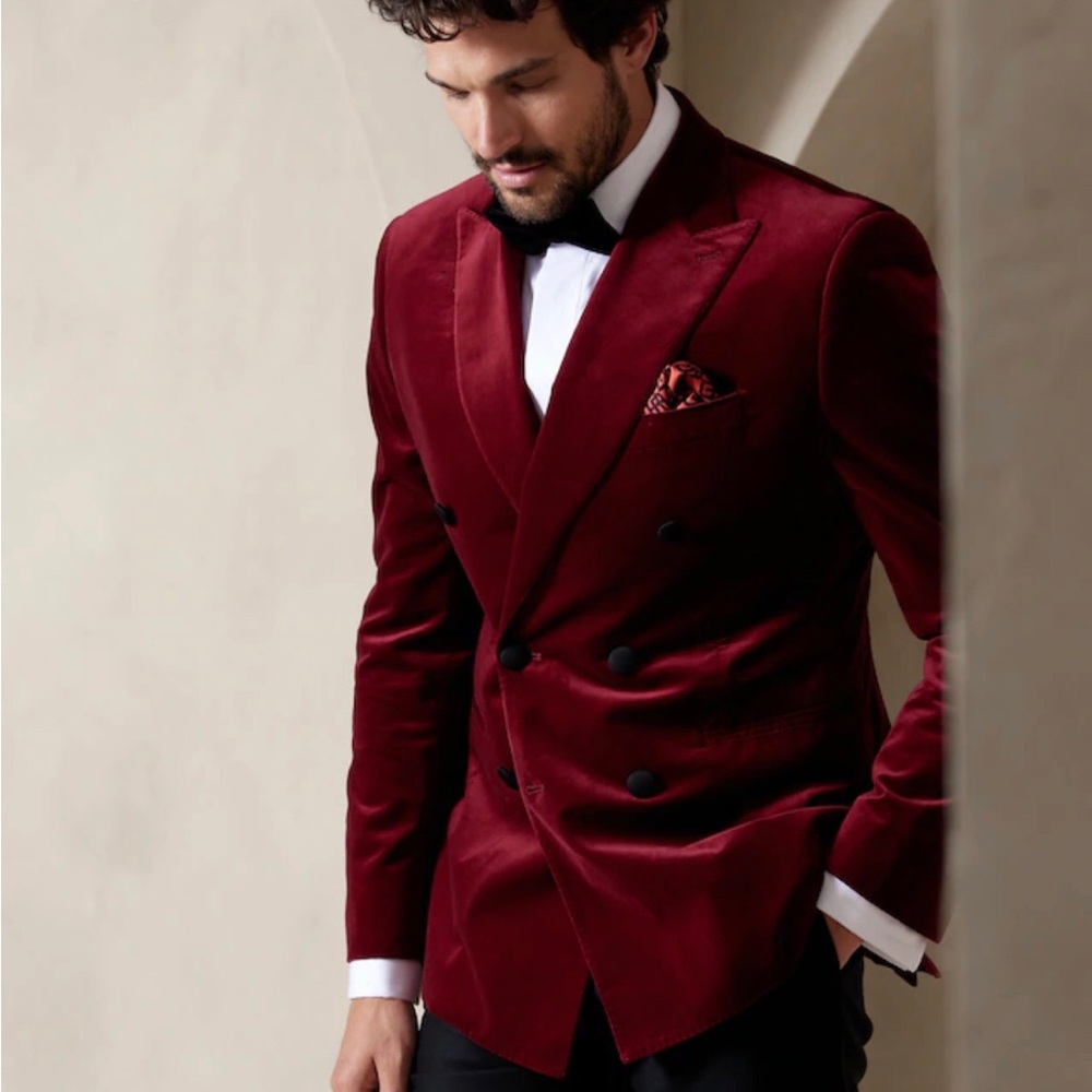Burgundy velour double breasted suit jacket